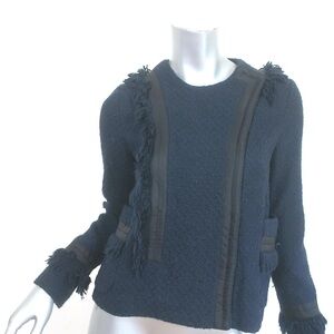 Tory Burch Tweed Jacket Navy With Fringe Snap Front Cotton Blend Like New Size 4